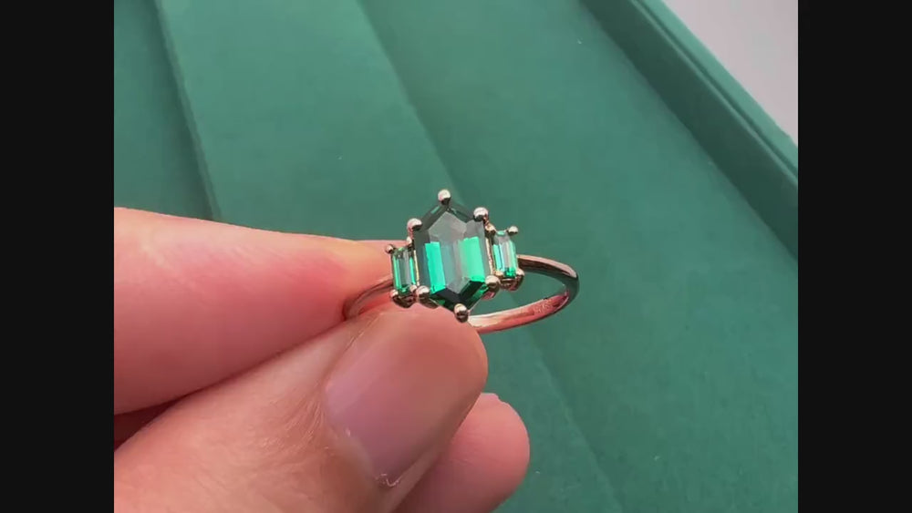 Vintage Long Hexagon Emerald Engagement Ring, Emerald Three Stones Wedding Ring, 14K Rose Gold Baguette Emerald Anniversary Promise Ring - ShainJewelry
