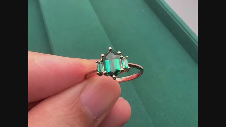 Vintage Long Hexagon Emerald Engagement Ring, Emerald Three Stones Wedding Ring, 14K Rose Gold Baguette Emerald Anniversary Promise Ring - ShainJewelry