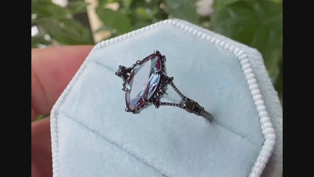 Gothic Black Gold Marquise Alexandrite Engagement Ring, Rhodium Black Alexandrite Promise Ring, Witchy Black Promise Anniversary Ring Gift - ShainJewelry