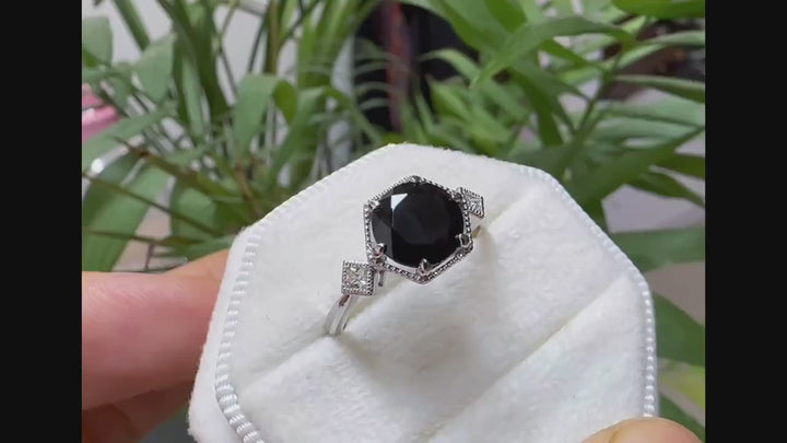 Hexagon Black Spinel Engagement Ring, Vintage 14K Rose Gold Spinel Promise Ring, Black Gemstone Silver Wedding Anniversary Ring Gift for Her - ShainJewelry