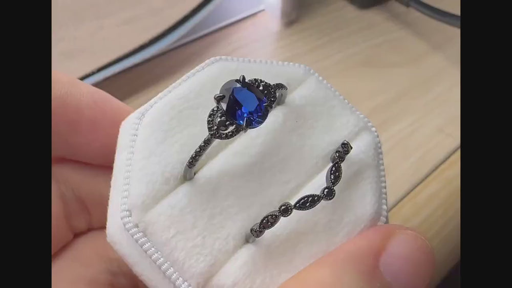 Black Gold Plated Oval Blue Sapphire Engagement Ring Set, Blue Sapphire Black Promise Ring Set, Goth Rhodium Black Moissanite Bridal Set - ShainJewelry