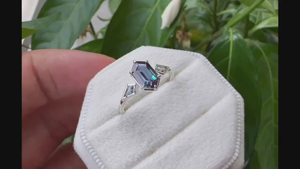Vintage Long Hexagon Alexandrite Engagement Ring, White Gold Kite Alexandrite Wedding Ring, Geometric Anniversary Promise Ring for Women - ShainJewelry