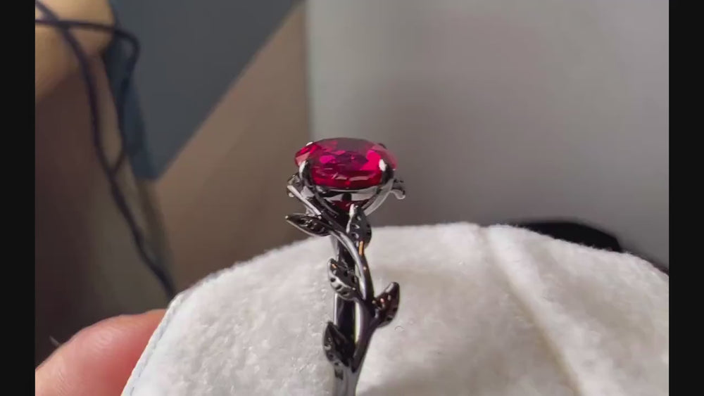 Black Gold Finish Round Ruby Engagement Ring, Rhodium Black Hip Hop Leaf Nature Inspired Ruby Promise Ring, Gothic Anniversary Gift for her - ShainJewelry