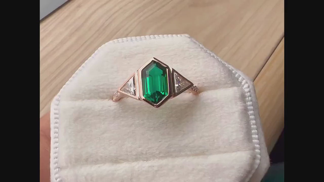 Vintage Long Hexagon Cut Emerald Engagement Ring, Unique 14K White Gold Trilliant Moissanite Wedding Promise Ring Three Stone Ring For Women - ShainJewelry