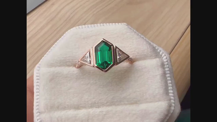 Vintage Long Hexagon Cut Emerald Engagement Ring, Unique 14K White Gold Trilliant Moissanite Wedding Promise Ring Three Stone Ring For Women - ShainJewelry