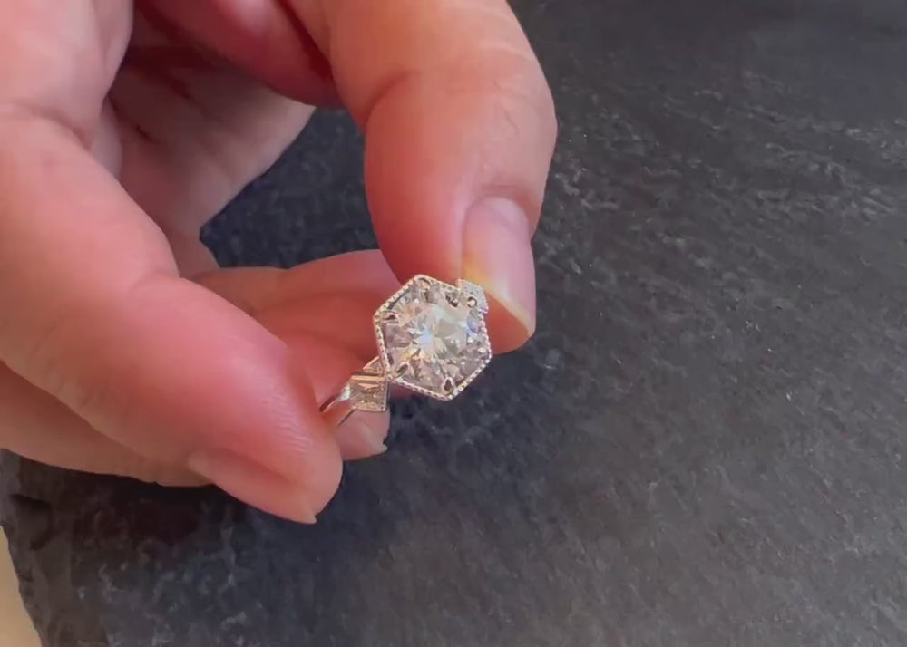 Vintage Hexagonal Moissanite Engagement Ring, Unique Round Cut Moissanite Promise Ring, 14K White Gold Art Deco Wedding Ring Gift for Her - ShainJewelry