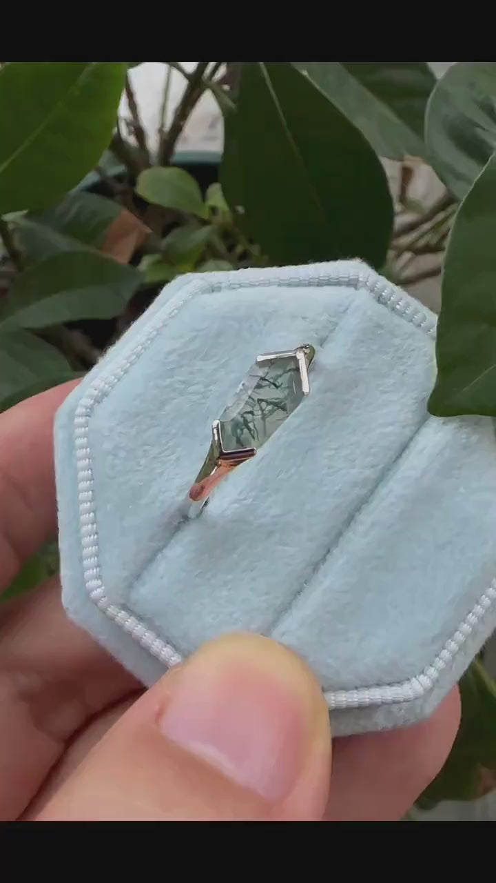 Platinum Unique Shield Cut Moss Agate Engagement Ring, Sterling Silver Solitaire Agate Promise Ring, White Gold Wedding Ring Gift for Women - ShainJewelry
