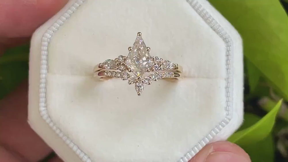 Kite Shape Moissanite and Diamond Engagement Ring Set, Unique 14K Yellow Gold Moissanite Promise Wedding Ring Set Bridal Set Gift for Women - ShainJewelry