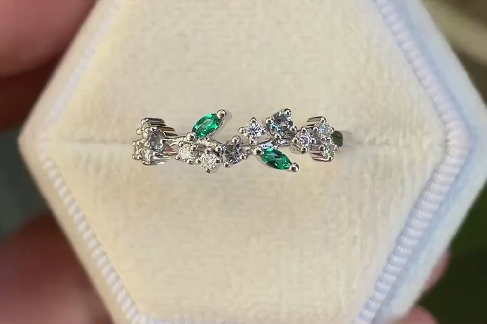 Nature Inspired Emerald and Alexandrite Engagement Ring, Rose gold Matching Band, Half Eternity Wedding Band Promise Ring Enhancer for Women - ShainJewelry