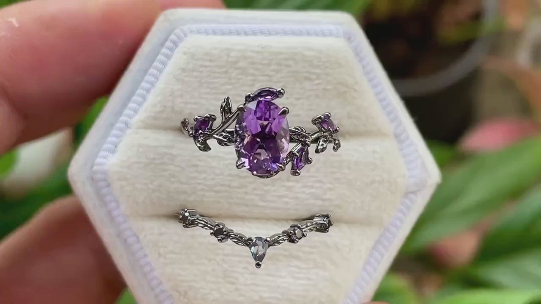 Gothic Oval Shape Amethyst Black Engagement Ring Set, Black Gold Leaf Promise Ring Set, Rhodium Black Witchy Twig Branch Ring Bridal Set - ShainJewelry