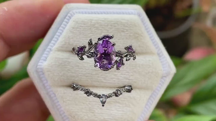 Gothic Oval Shape Amethyst Black Engagement Ring Set, Black Gold Leaf Promise Ring Set, Rhodium Black Witchy Twig Branch Ring Bridal Set - ShainJewelry