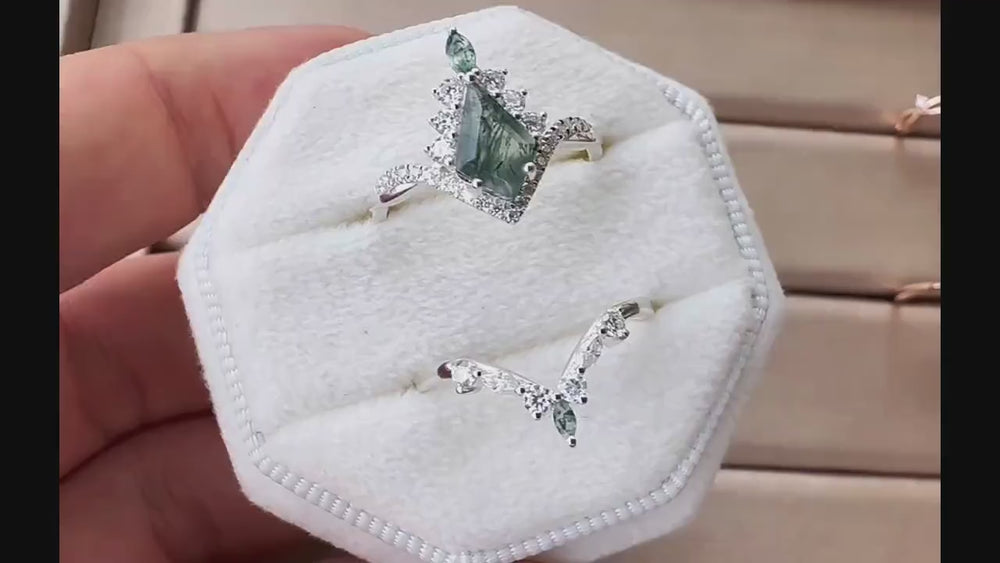 Vintage Kite Shape Moss Agate and Diamond Engagement Ring Set, V Shape White Gold Moss Agate Promise Ring Wedding Set, Bridal Set for Women - ShainJewelry