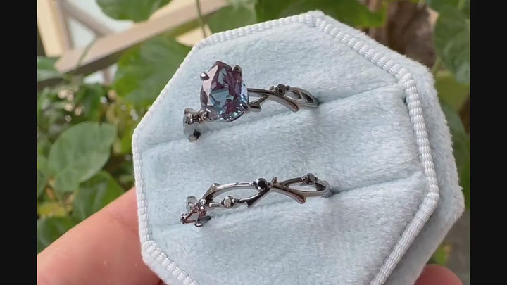 Vintage Rhodium Black Pear Alexandrite Engagement Ring Set, Unique Black Gold Twig Branch Wedding Promise Ring Black Diamond Bridal Ring Set - ShainJewelry