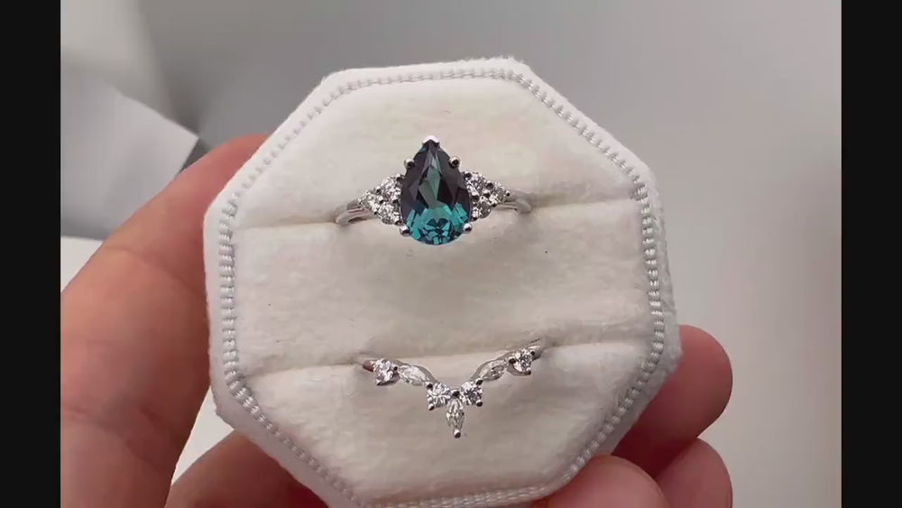 Vintage Pear Cut Alexandrite and Moissanite Bridal Set Unique June Birthstone Engagement Ring Set 14K White Gold Promise Wedding Set for Her - ShainJewelry