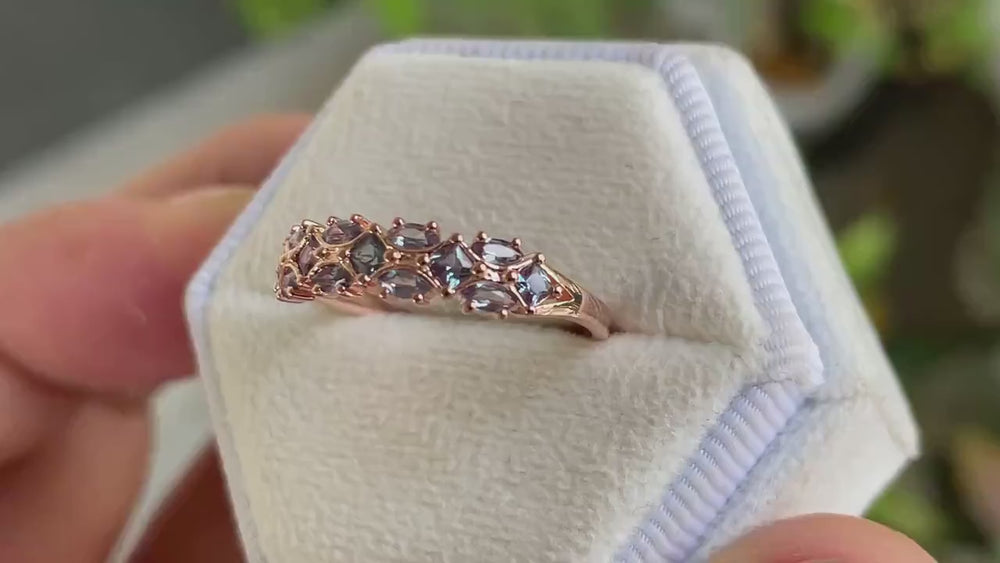 Alexandrite Wedding Band, Rose Gold Alexandrite Matching Band, Half Eternity Princess and Marquise Cut Alexandrite Engagement Band for Women - ShainJewelry
