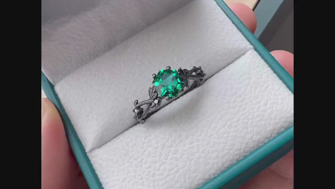 Black Gold Finish Hexagon Emerald Engagement Ring, Rhodium Black Vermeil Leaf Twig Branch Lab Emerald Promise Anniversary Ring Gift for Her - ShainJewelry