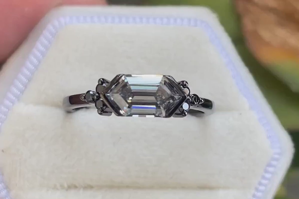 Black Gold Long Hexagon Gray Moissanite Engagement Ring, Unique Cluster Wedding Ring, Rhodium Black Anniversary Promise Ring Gift for Women - ShainJewelry