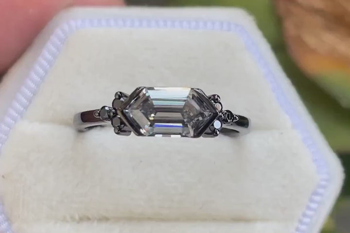 Black Gold Long Hexagon Gray Moissanite Engagement Ring, Unique Cluster Wedding Ring, Rhodium Black Anniversary Promise Ring Gift for Women - ShainJewelry
