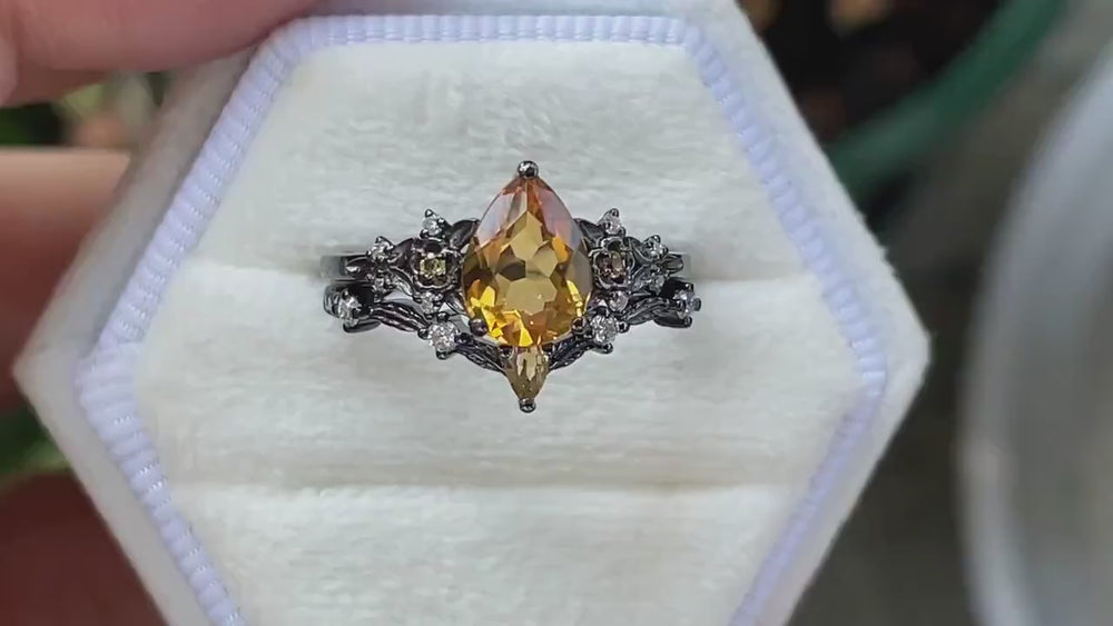 Gothic Black Gold Pear Cut Citrine Engagement Ring, Black Floral Promise Ring , Unique Black Rhodium Wedding Ring Bridal Set Gift for Women - ShainJewelry