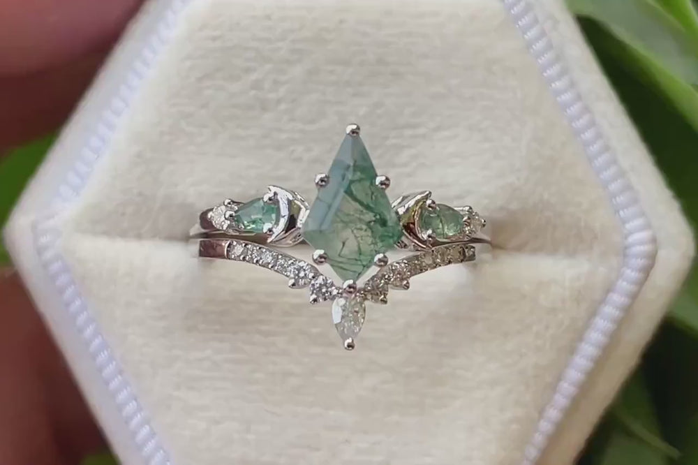 Kite Shape Moss Agate Crescent Engagement Ring Set, Nature Inspired Sterling Silver Moon Wedding Promise Ring Anniversary Gift for Women - ShainJewelry