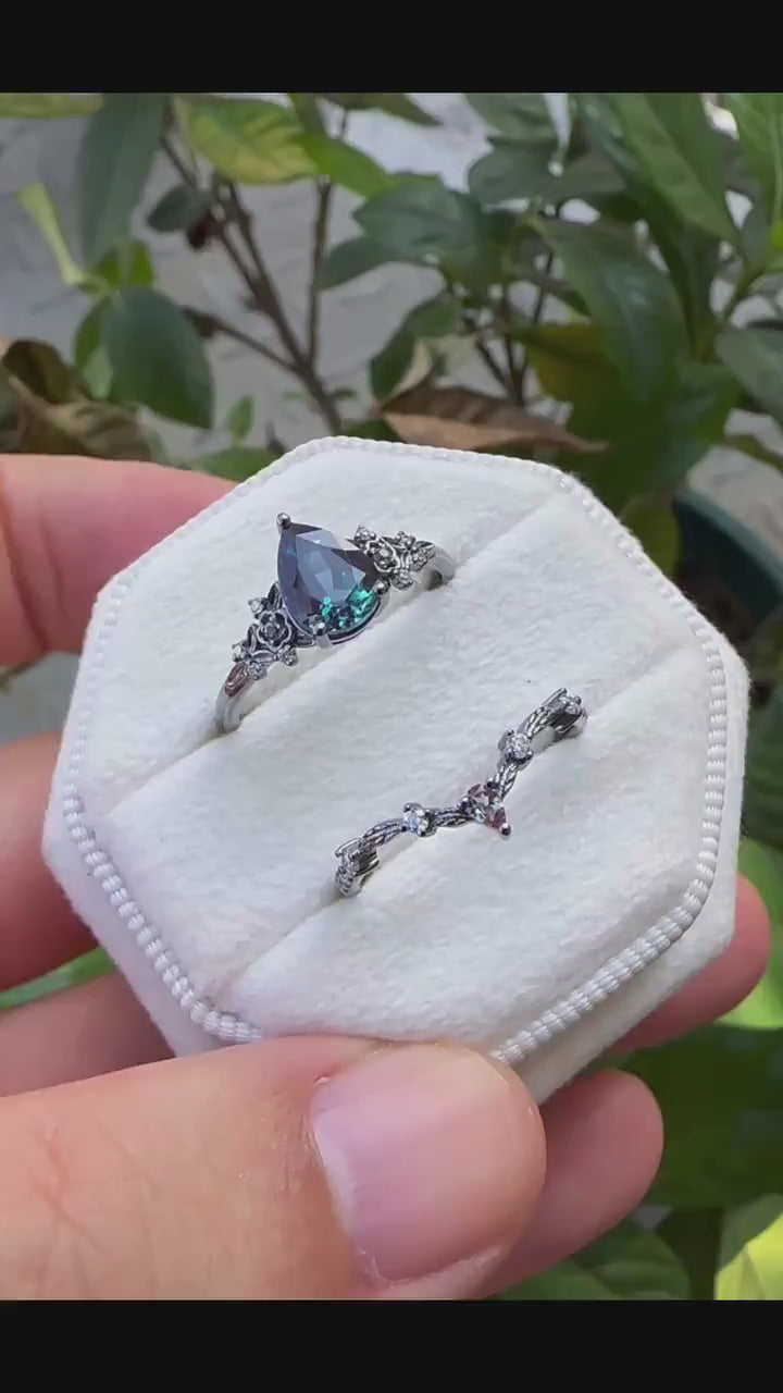 Gothic Black Gold Pear Shape Alexandrite Engagement Ring Set, Black Floral Promise Ring Set Unique Rhodium Black Witchy Ring Bridal Set Gift - ShainJewelry