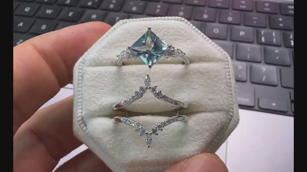 Princess Cut Aquamarine Bridal Set, Vintage Natural Blue Aquamarine Engagement Ring Enhancer Dual Band Wedding Set White Gold Promise Ring - ShainJewelry