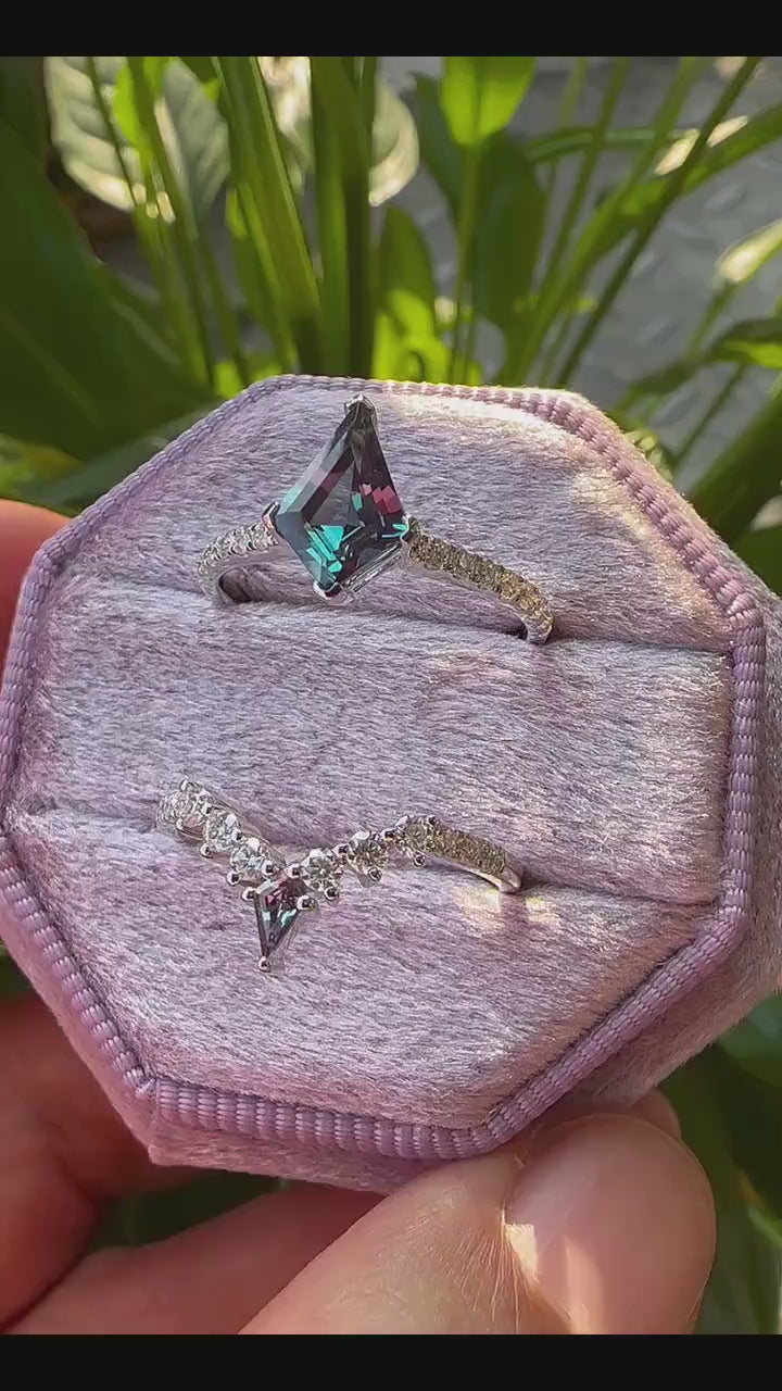 2CT Kite Shape Alexandrite and Diamond Bridal Set, Unique 14K Solid White Gold Alexandrite Engagement Ring, Promise Anniversary Ring Gift - ShainJewelry
