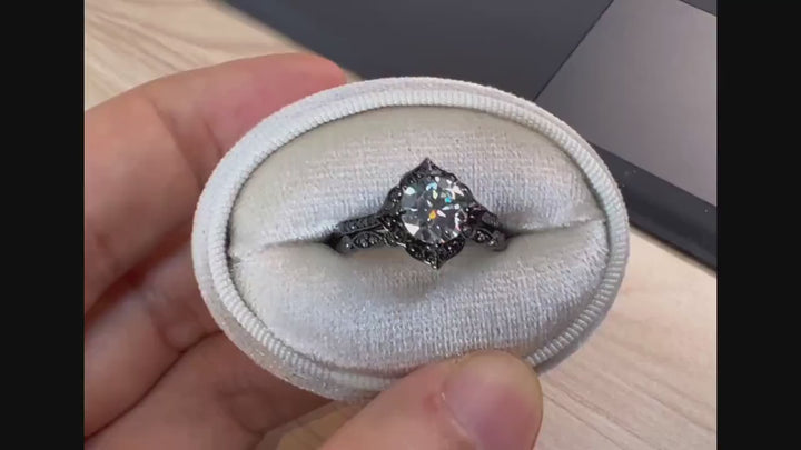Black Gold Round Gray Moissanite Ring Rhodium Black Grey Moissanite Wedding Engagement Ring Set Gothic Bridal Set Anniversary Promise Ring - ShainJewelry