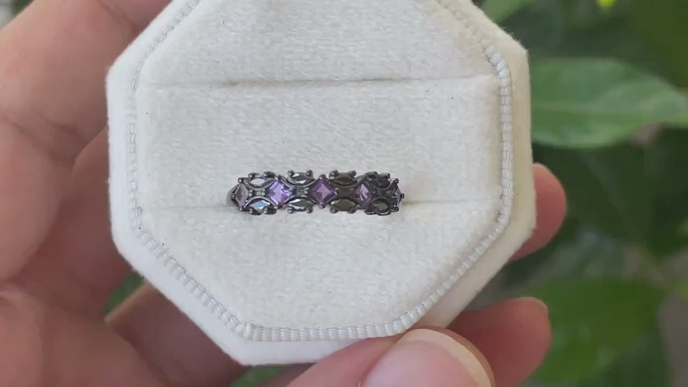 Black Gold Square Amethyst and Black Marquise Moissanite Wedding Band, Black Engagement Ring, Gothic Anniversary Promise Ring Matching Band - ShainJewelry