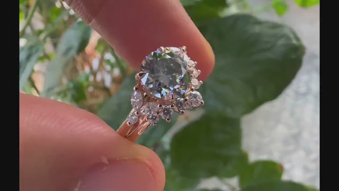 Vintage Round Gray Moissanite and Diamond Engagement Ring Set, Unique Grey Moissanite Wedding Ring Set, 14K Rose Gold Promise Ring for Women