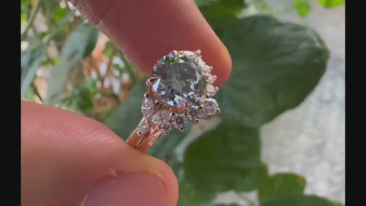 Vintage Round Gray Moissanite and Diamond Engagement Ring Set, Unique Grey Moissanite Wedding Ring Set, 14K Rose Gold Promise Ring for Women