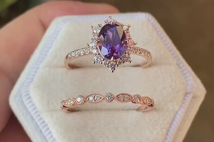 Purple Violet Sapphire and Diamond Engagement Ring Set, Oval Cut Sapphire Rose Gold Halo Wedding Promise Ring Anniversary Gift for Women - ShainJewelry