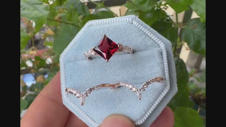 Princess Cut Garnet Moissanite Bridal Set Unique January Birthstone Engagement Ring Set Vintage Wedding Set Rose Gold Promise Ring for Her - ShainJewelry