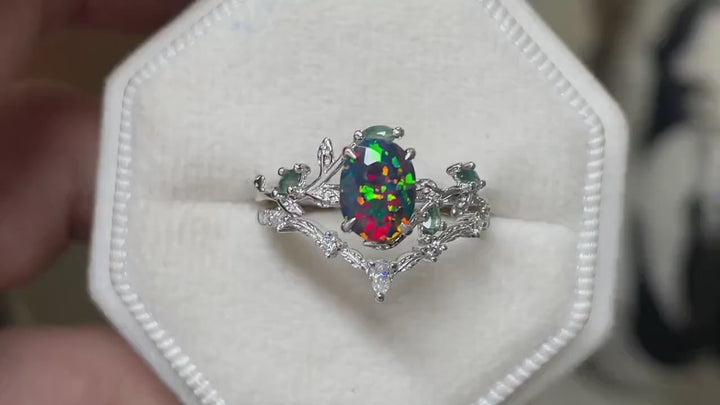 Nature Inspired Oval Cut Facet Black Opal Leaf Engagement Ring Set, Unique Rose Gold Twig Branch Wedding Ring, Moss Agate Vine Promise Ring - ShainJewelry