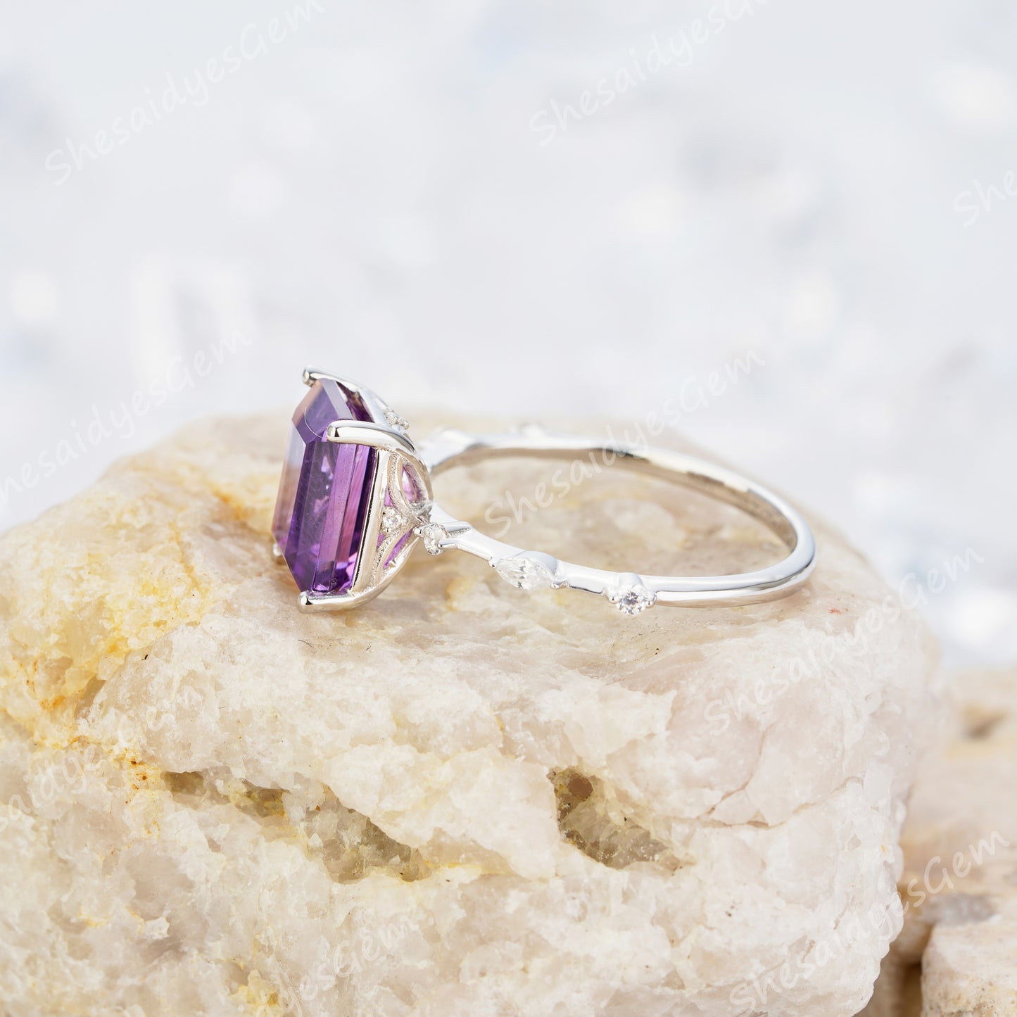 2.5ct Emerald Cut Amethyst Engagement Ring14K /18K Rose Gold/White Gold With Natural Diamond - ShainJewelry