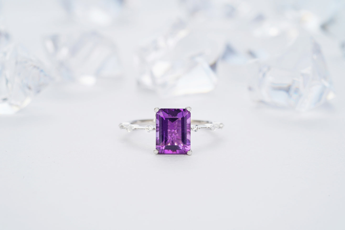 2.5ct Emerald Cut Amethyst Engagement Ring14K /18K Rose Gold/White Gold With Natural Diamond - ShainJewelry
