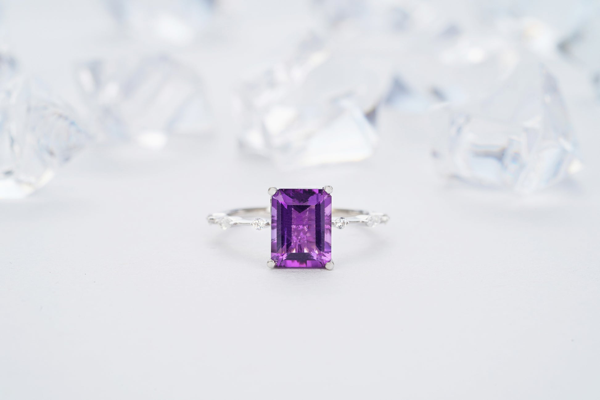 2.5ct Emerald Cut Amethyst Engagement Ring14K /18K Rose Gold/White Gold With Natural Diamond - ShainJewelry