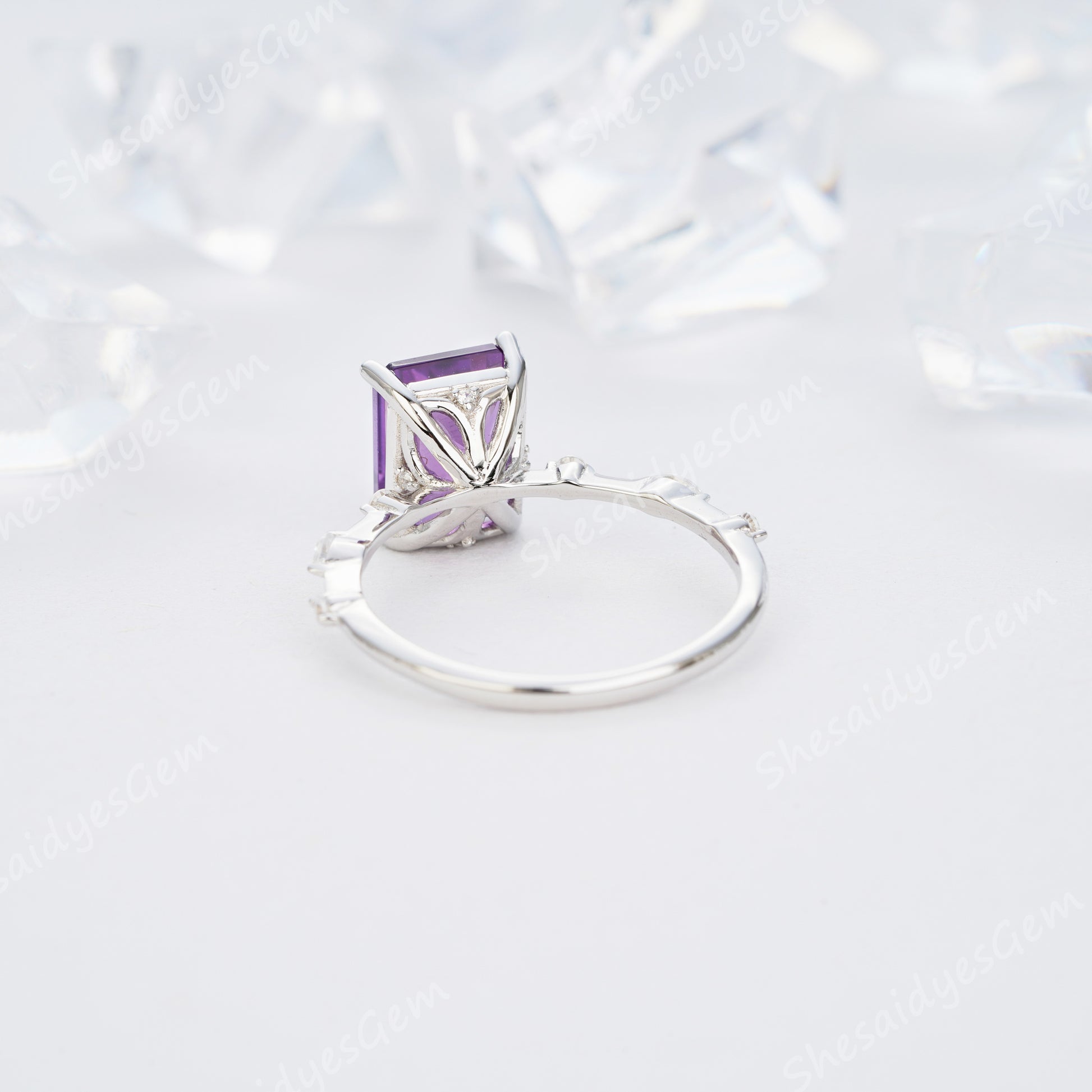2.5ct Emerald Cut Amethyst Engagement Ring14K /18K Rose Gold/White Gold With Natural Diamond - ShainJewelry