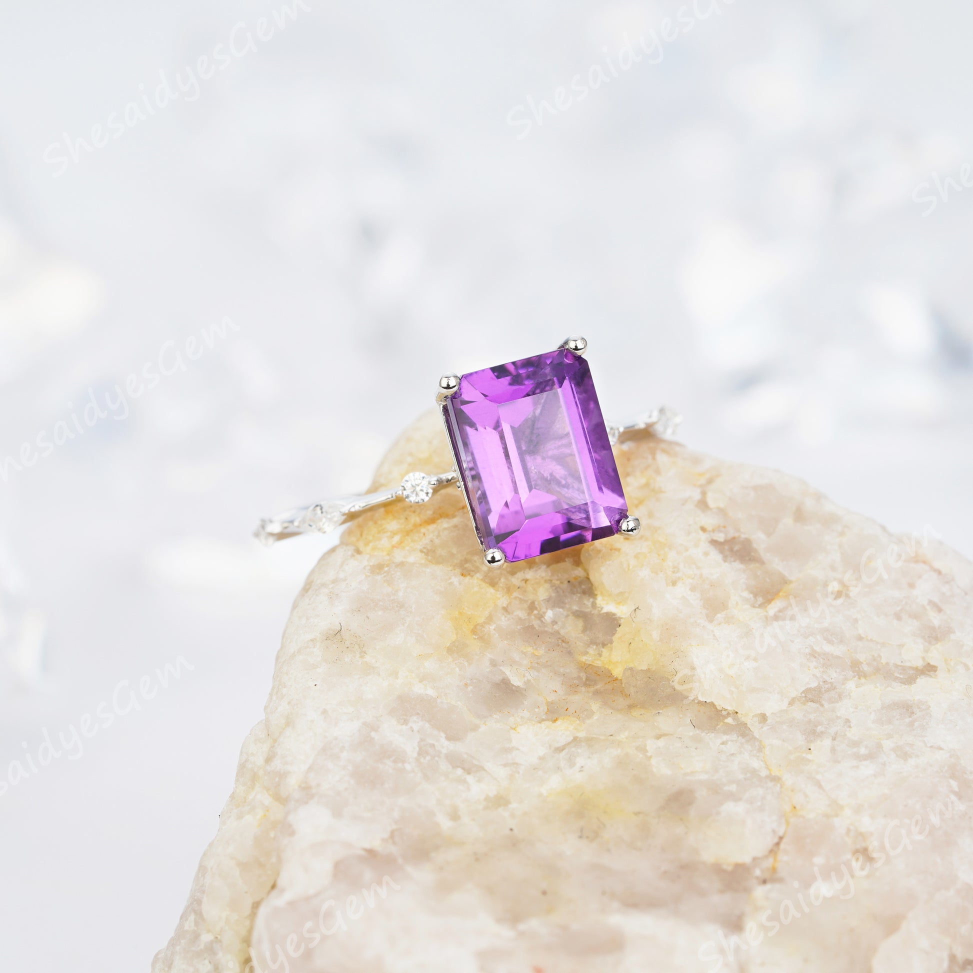 2.5ct Emerald Cut Amethyst Engagement Ring14K /18K Rose Gold/White Gold With Natural Diamond - ShainJewelry