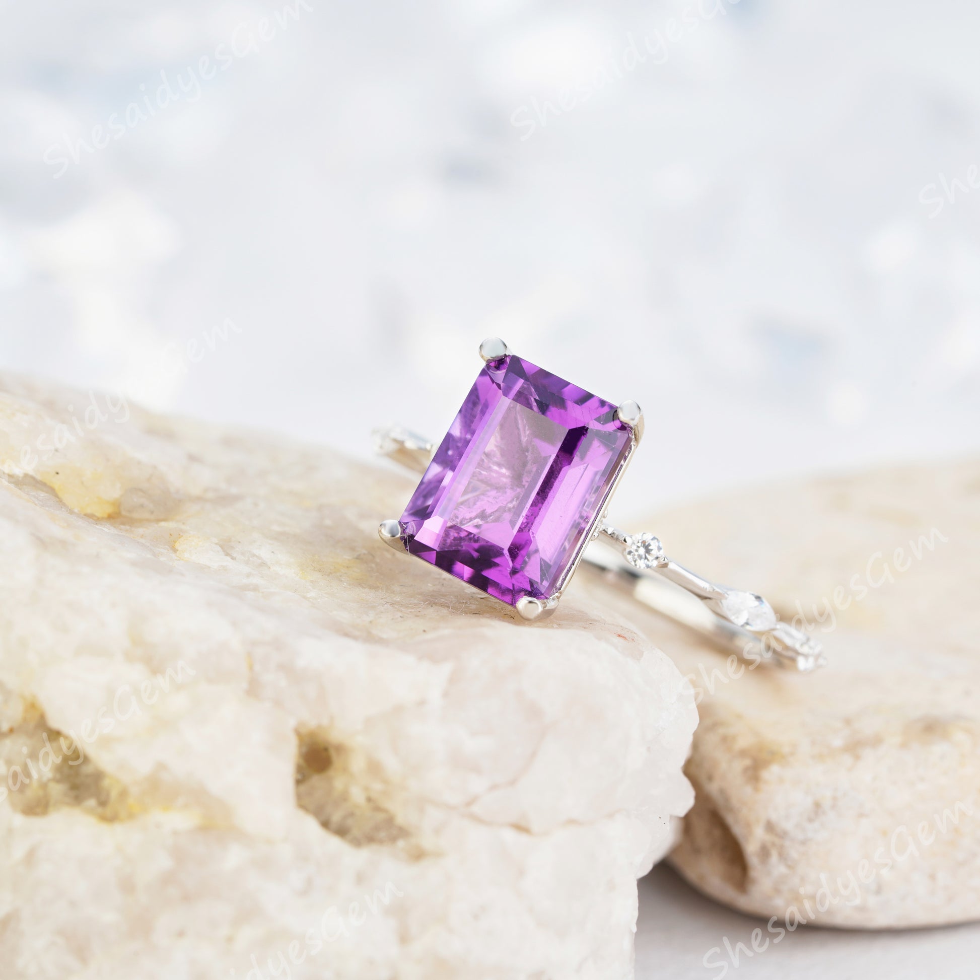 2.5ct Emerald Cut Amethyst Engagement Ring14K /18K Rose Gold/White Gold With Natural Diamond - ShainJewelry
