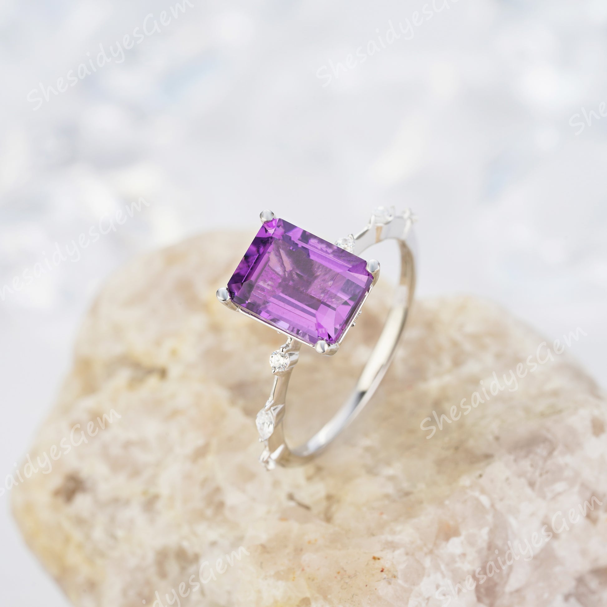 2.5ct Emerald Cut Amethyst Engagement Ring14K /18K Rose Gold/White Gold With Natural Diamond - ShainJewelry