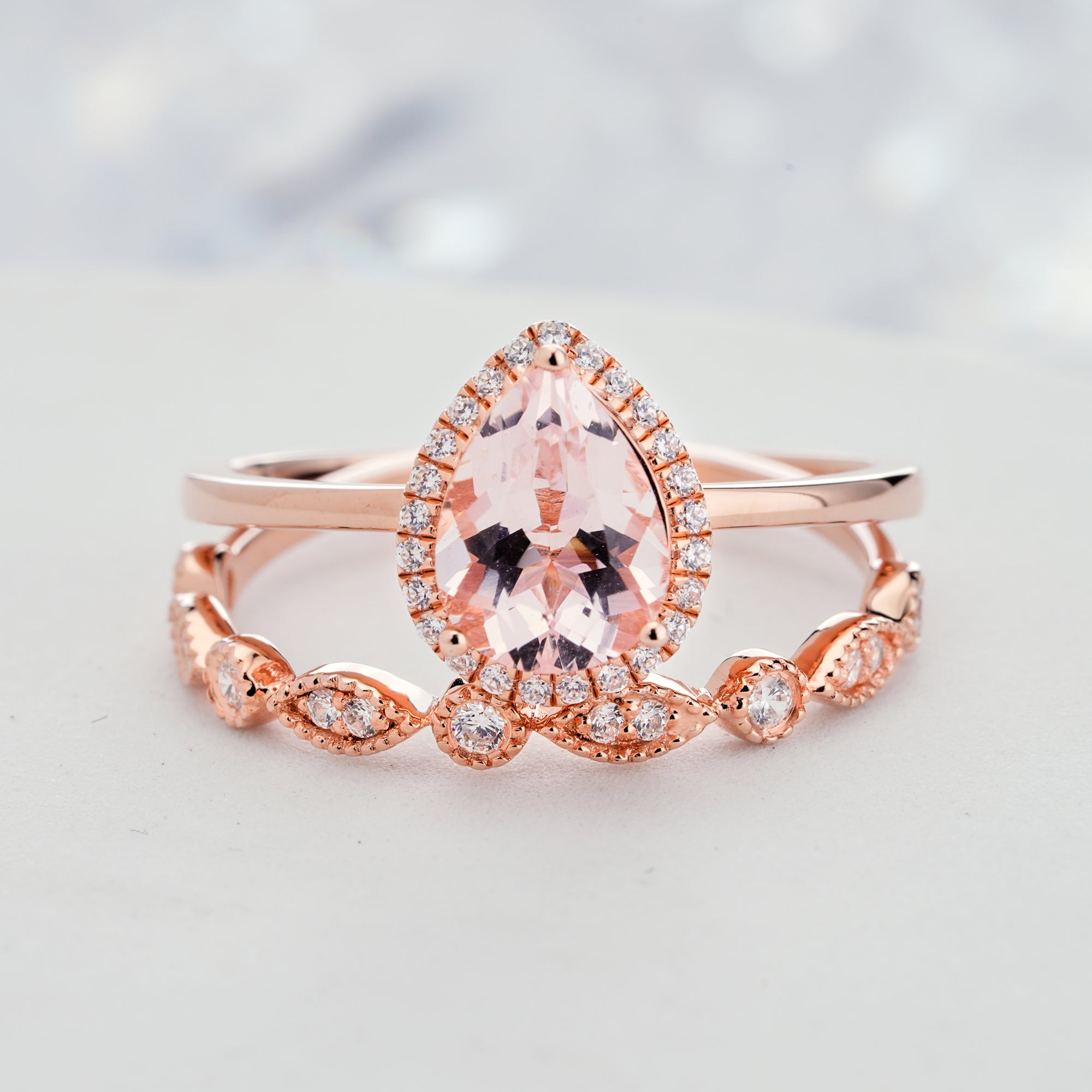 3pcs Pear Pink Morganite Ifinity Bridal Ring Set in 18k Rose Gold 2.2 Carat